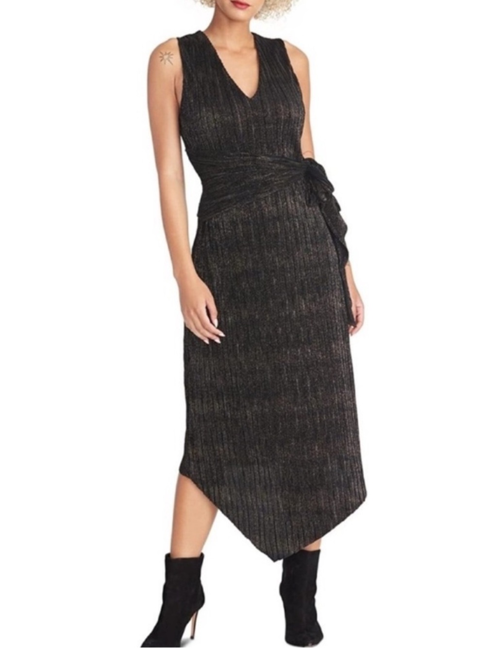 RACHEL Rachel Roy Tie Waist Asymmetrical Sheath Cocktail Dress, Black/Gold, XL